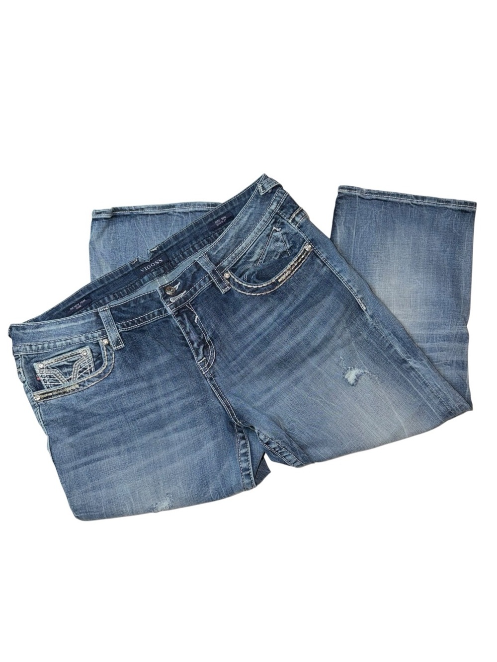 Vigoss Women's Distressed Cropped Jeans - Medium Blue Wash